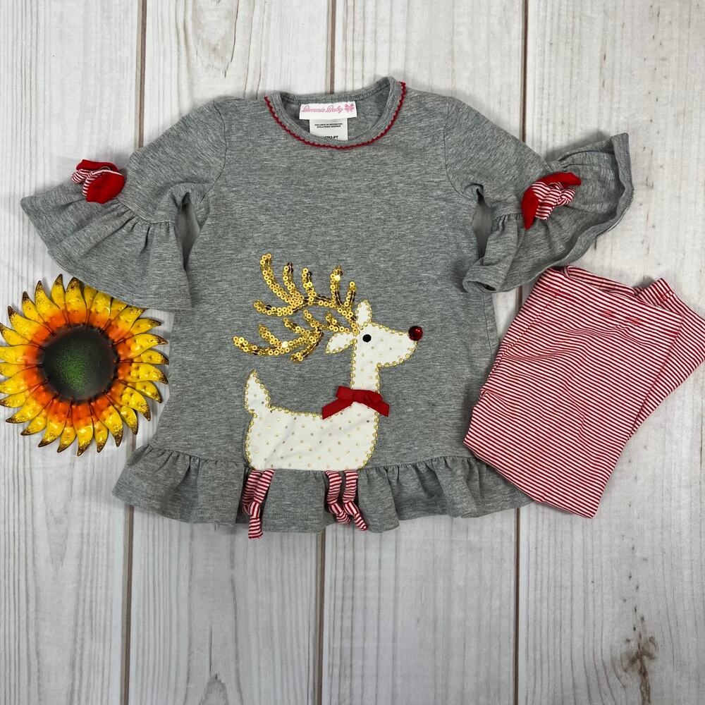 Bonnie Baby Girls 18M Christmas Reindeer Tunic & Striped Leggings Set